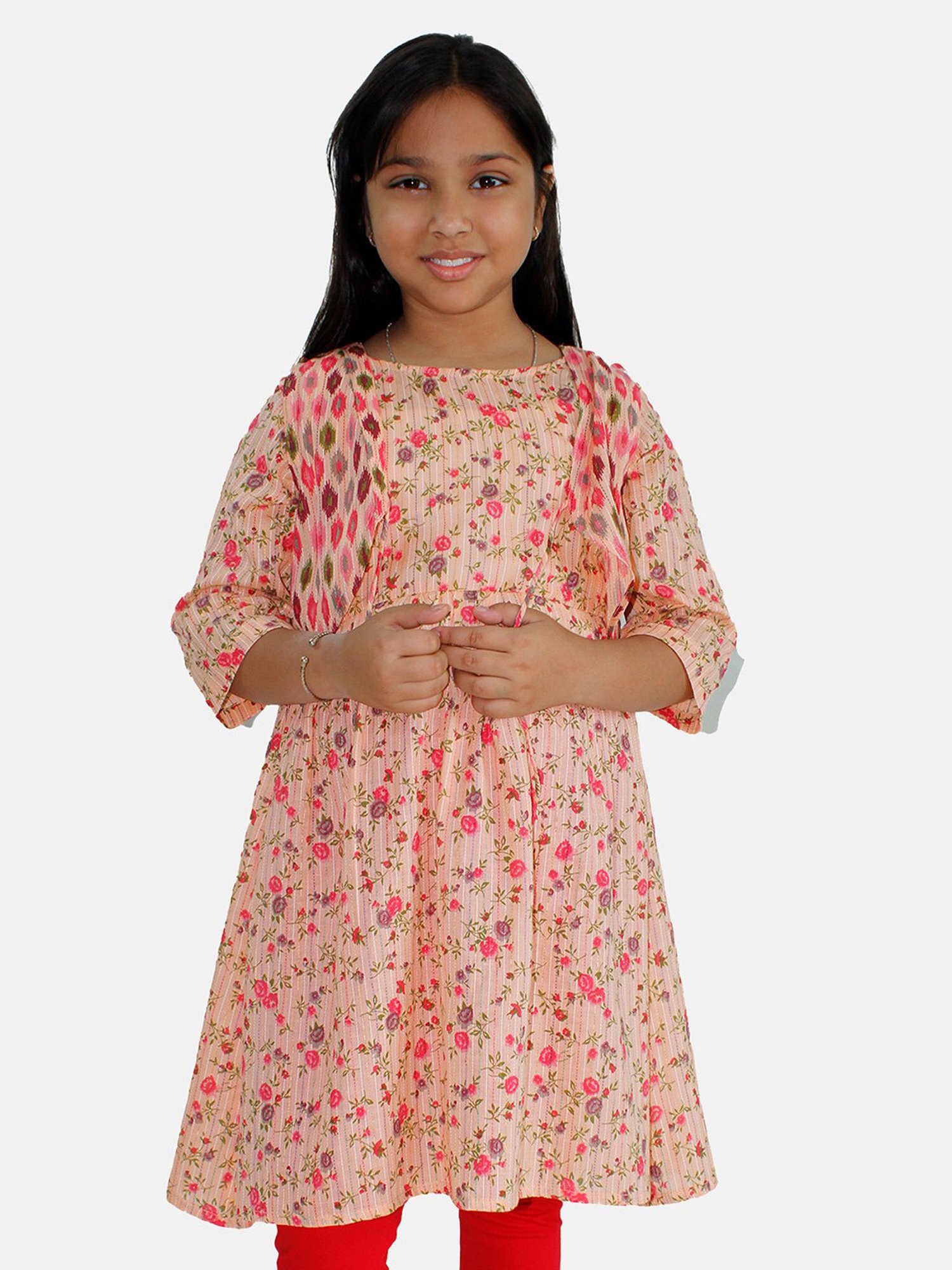 Kiddopanti Kids Peach Floral Print Anarkali Kurta with Crop Shrug