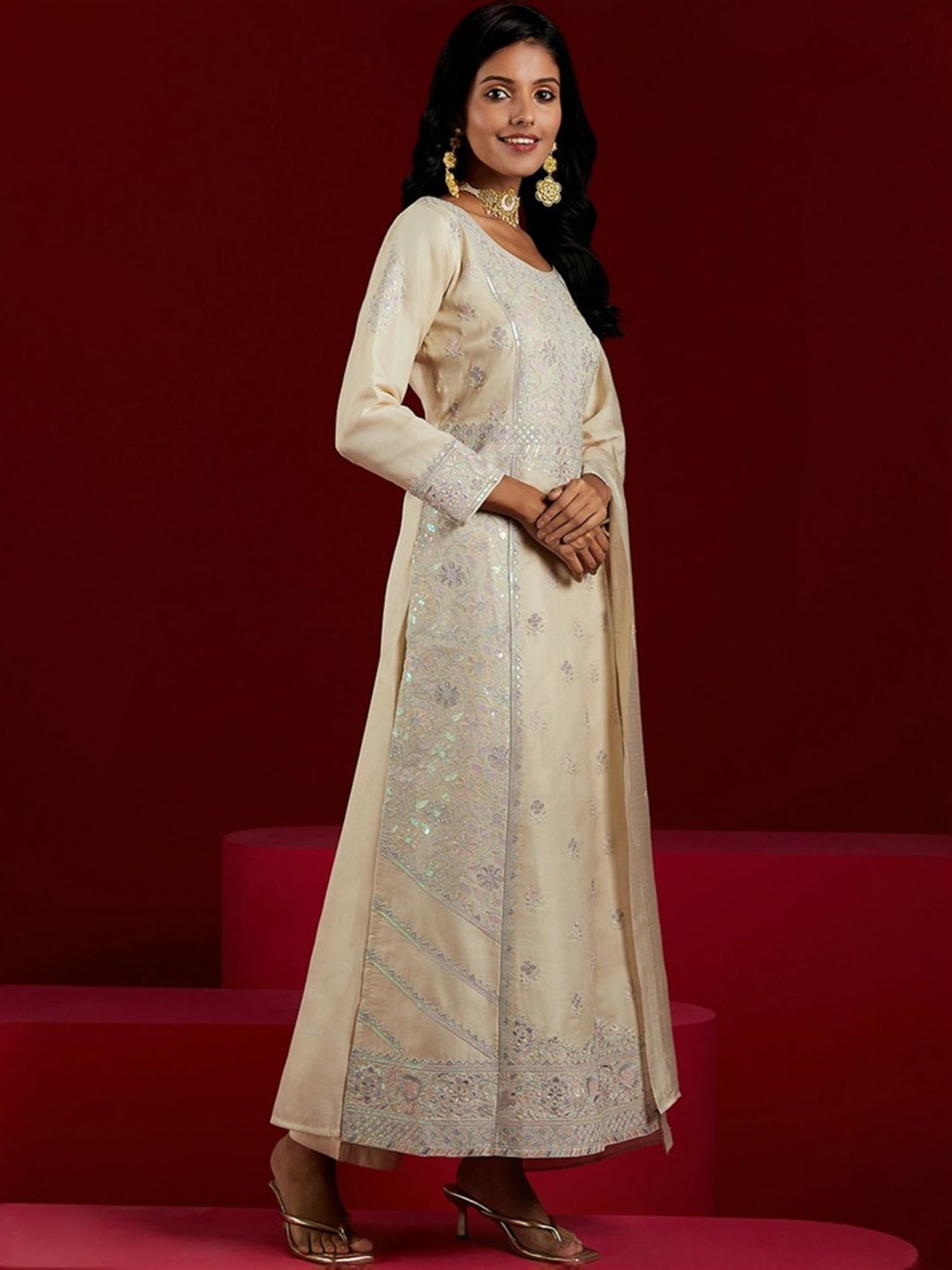 Libas Art Beige Embroidered Kurta Pant Set With Dupatta