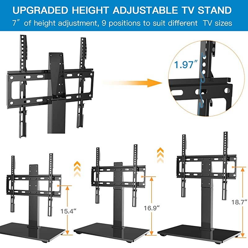 Universal Swivel TV Stand - Table Top TV Stand for 26-55 Inch LCD LED TVs - Height Adjustable TV Mount Stand with Tempered Glass Base, VESA 400x400mm, Holds Up to 88lbs