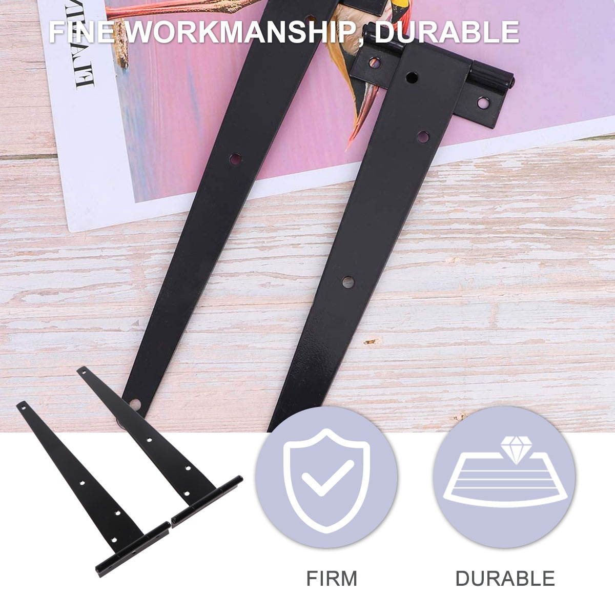 2PCS 12 Inches T Shape Rustproof Iron Light Duty Shed Hinge Gate Strap Hinge Door Gates Hinges (Black)