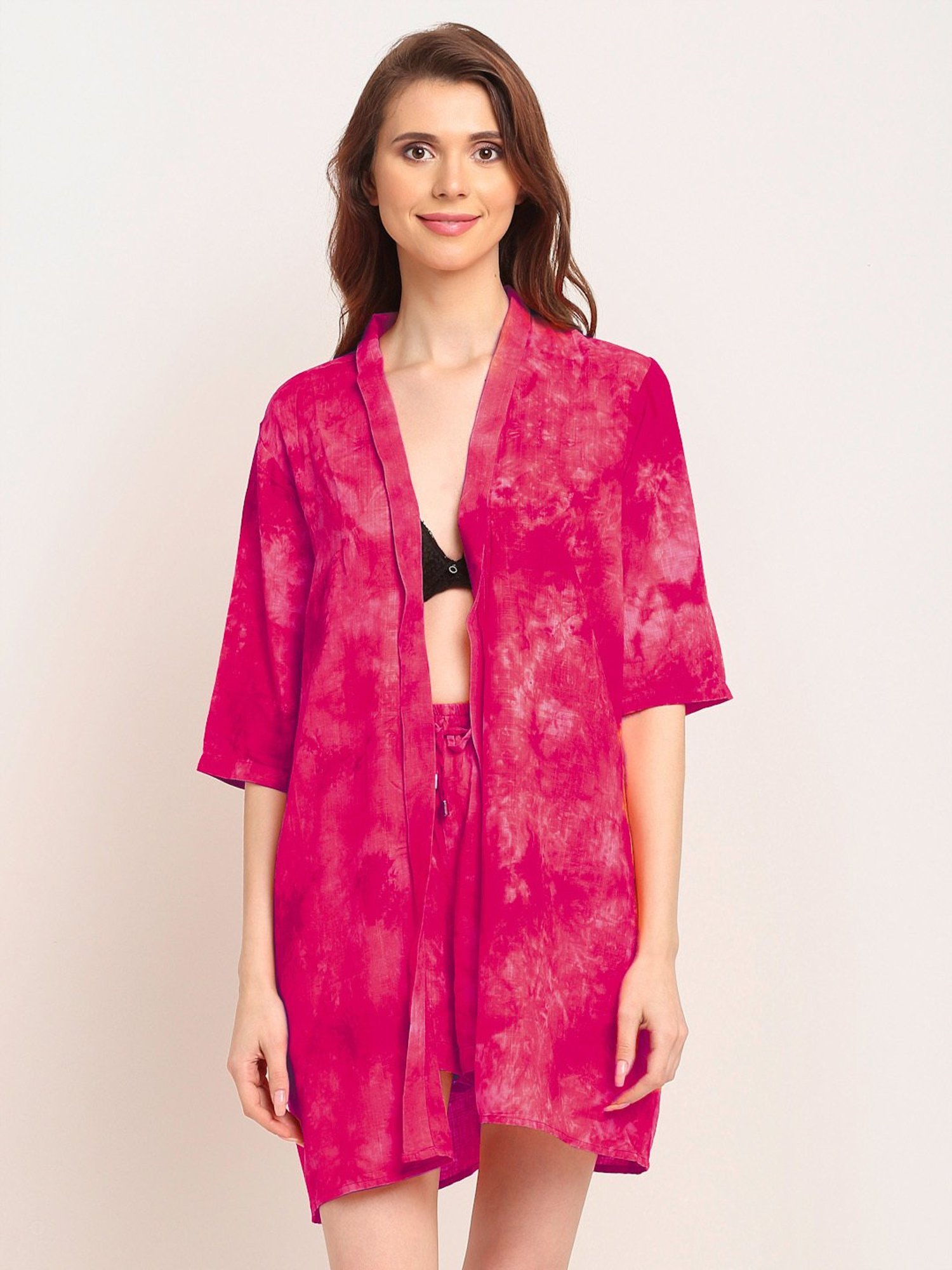 Erotissch Pink Cotton Cotton Tie & Dye Beachwear Co-Ord Set