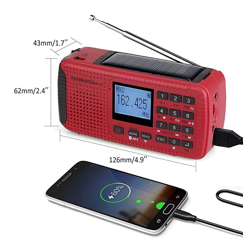 HR11W Digital NOAA Weather Radio, Solar Radio Bluetooth, Wind Up Radio Emergency with Phone Charger, TF Socket, SOS Alarm, for Hurricanes (Red)
