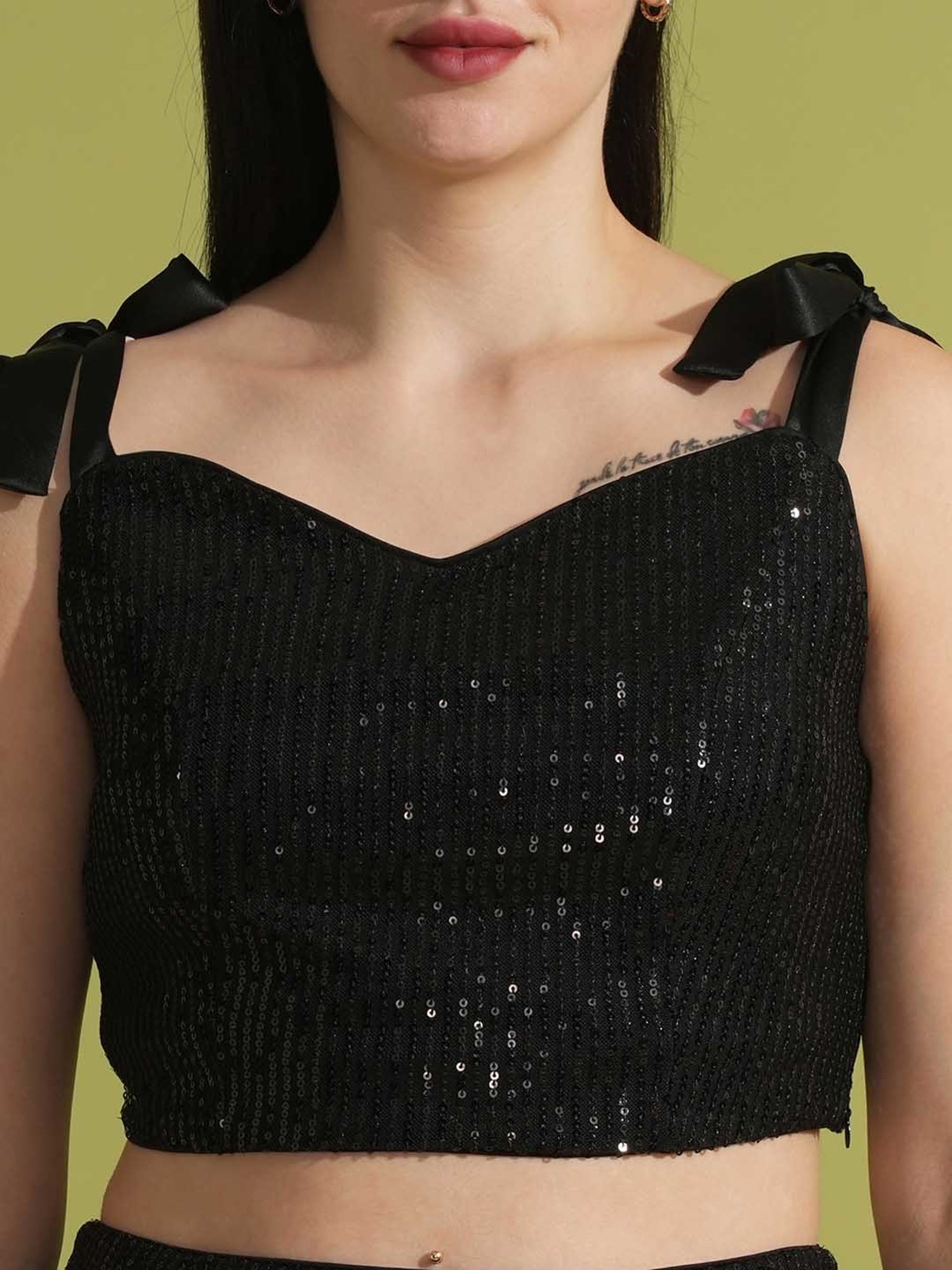 Globus Black Embellished Crop Top With Skirt