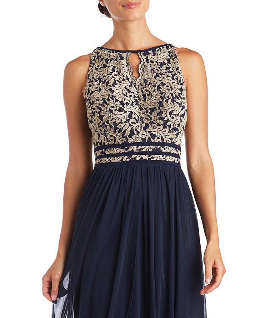 R & M Richards Sleeveless Glitter Lace Keyhole Halter Dress