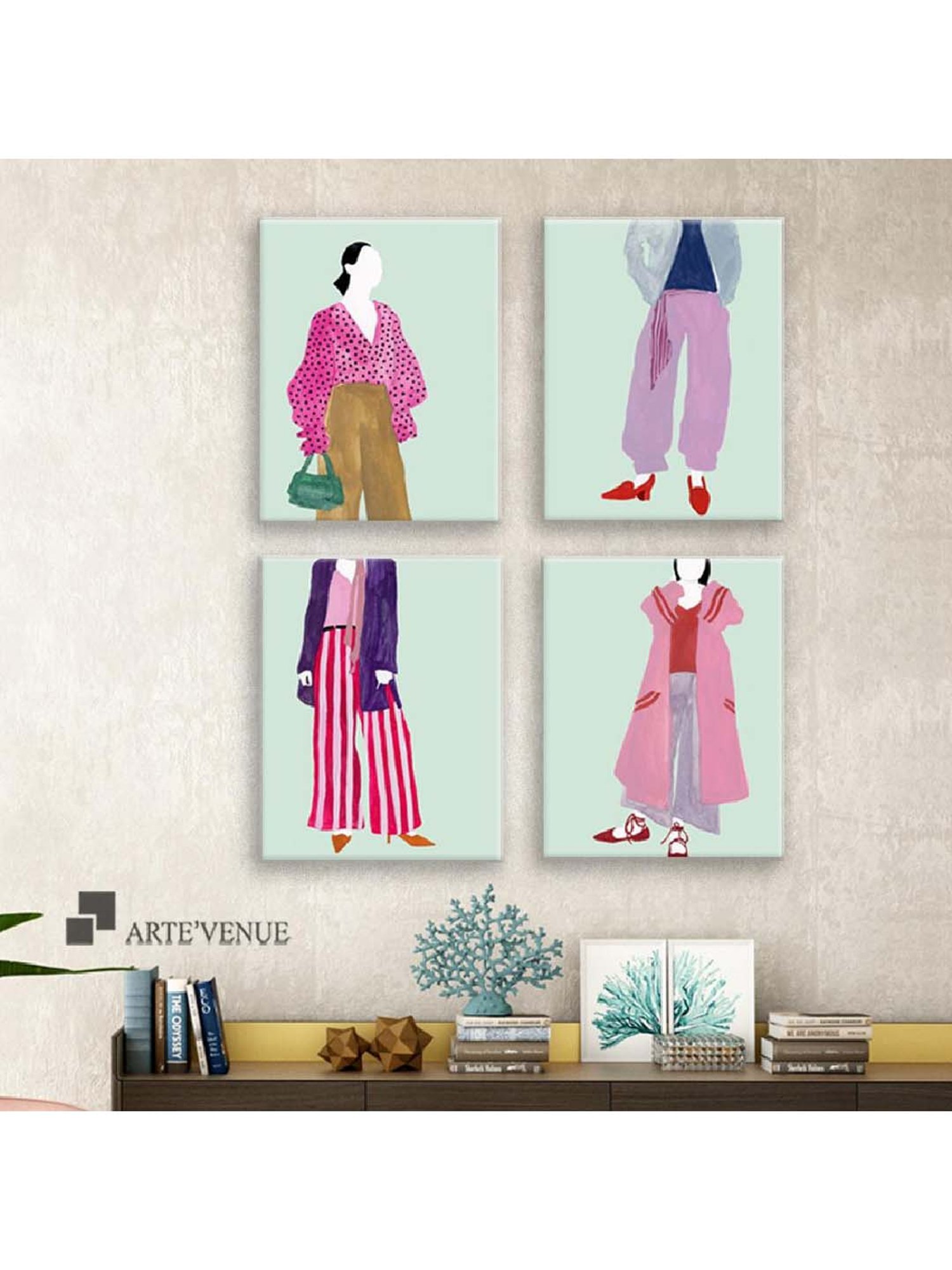 ARTE'VENUE Couture Grid Green & Pink Canvas Wall Arts - Set of 4 (10 X 12 inch Each)