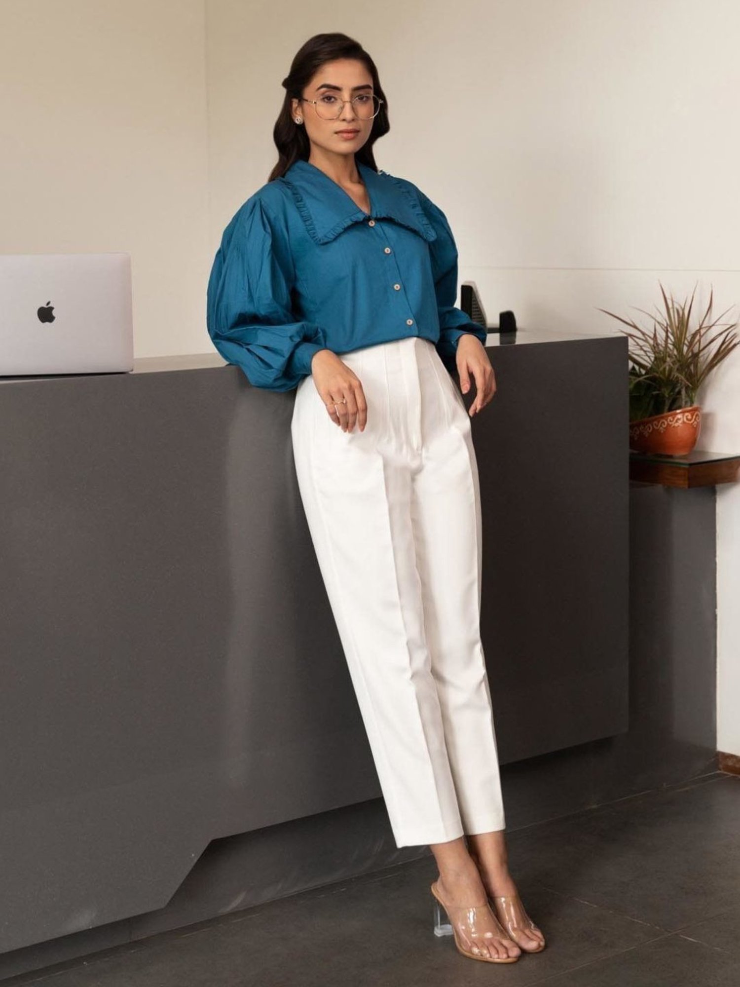 BInfinite Prussian Blue Baloon Sleeve Shirt and White Trousers