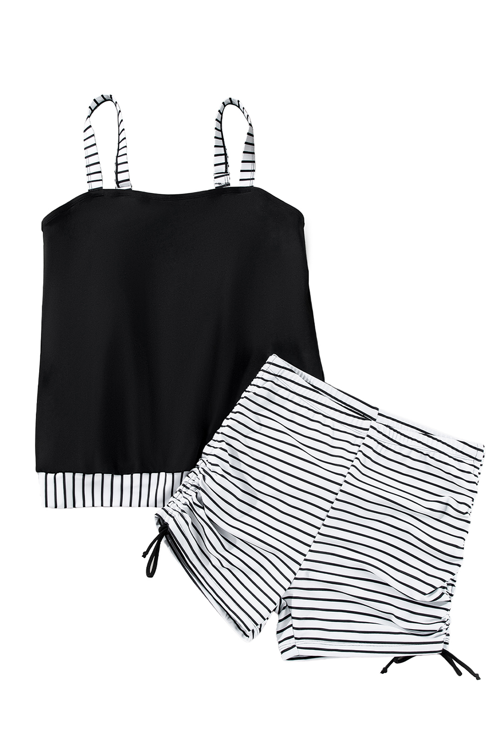 Black Striped Patchwork Side Drawstring Bottoms Tankini Set