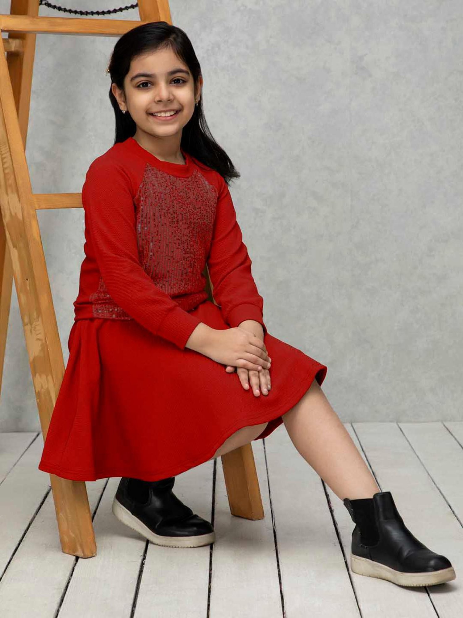 NEUDIS Kids Red Embellished Full Sleeves Top with Skirt