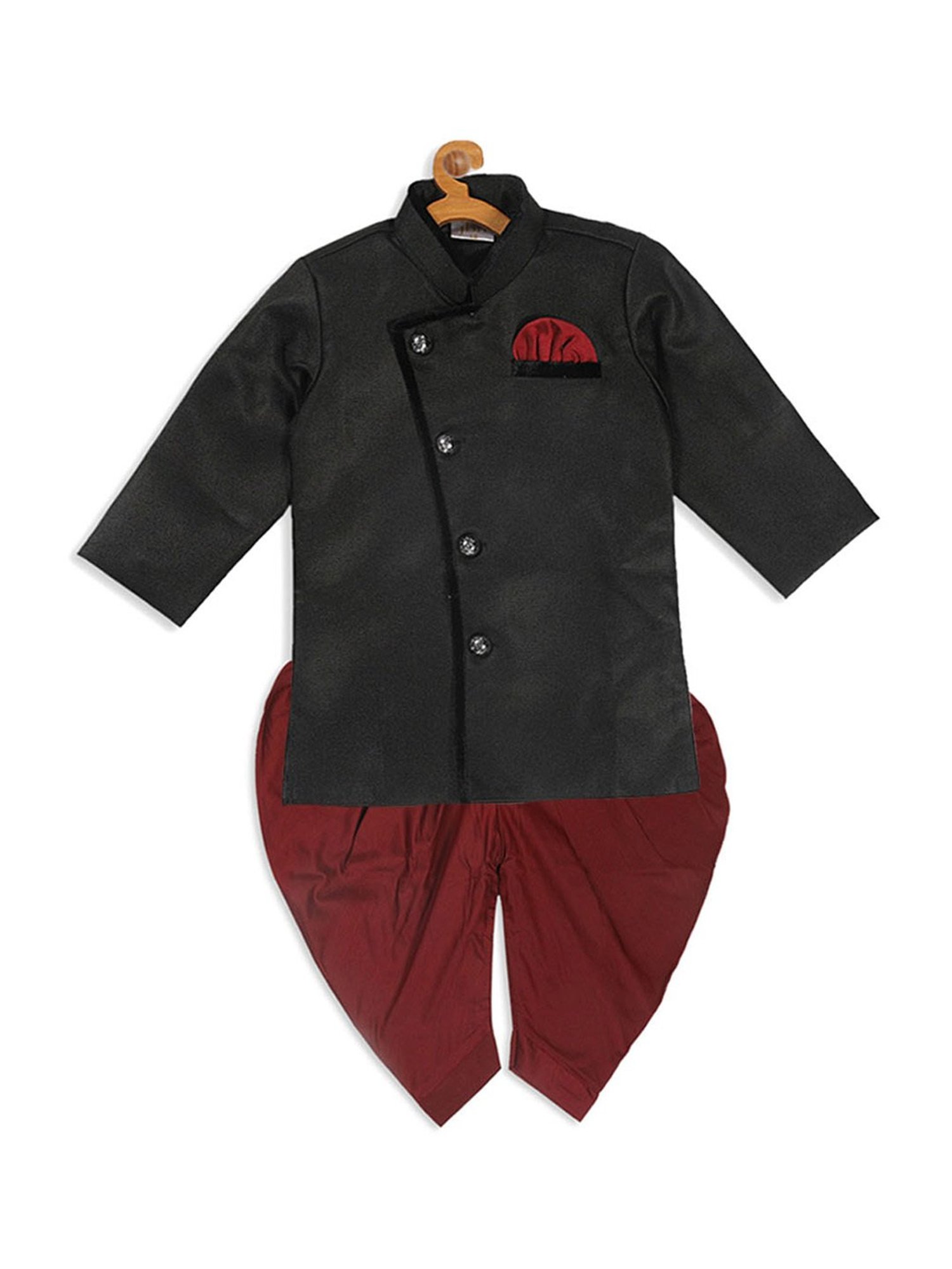 VASTRAMAY SISHU Black & Maroon Cotton Self Sherwani Set