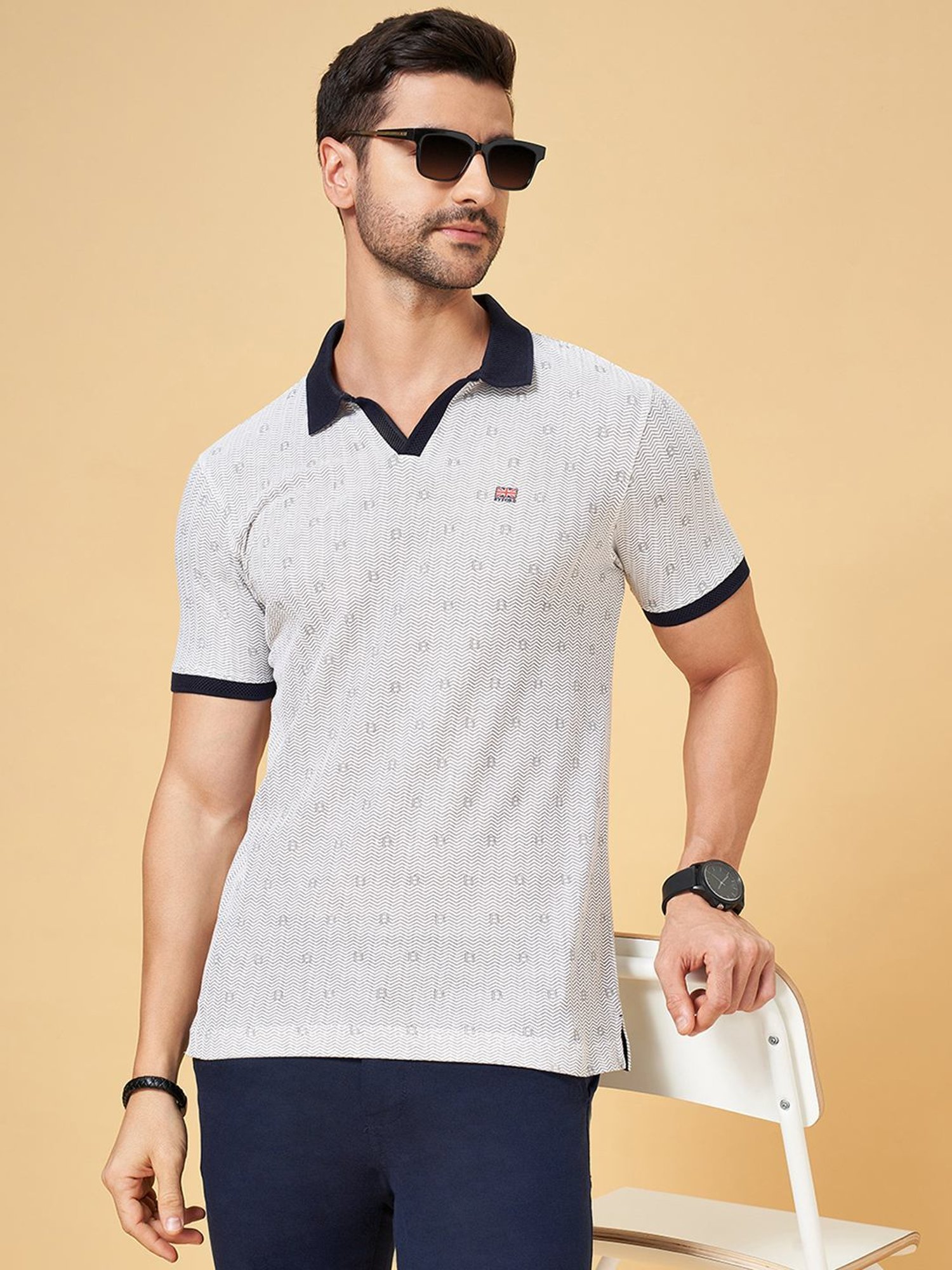 Byford By Pantaloons Navy Slim Fit Printed Polo T-Shirt