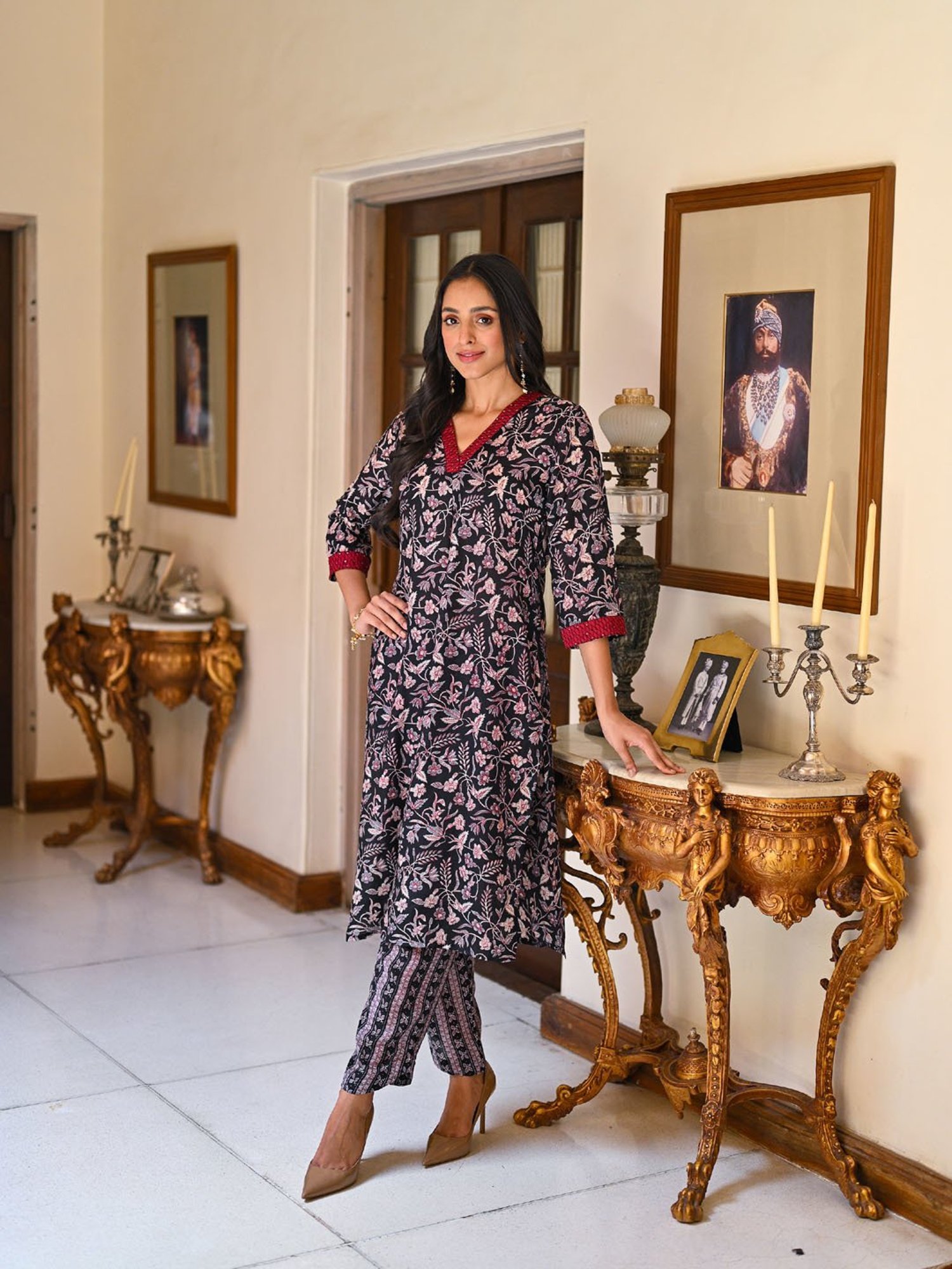 Mahee Jaipur Black and Red Block Print Pure Muslin Kurta Pant Set