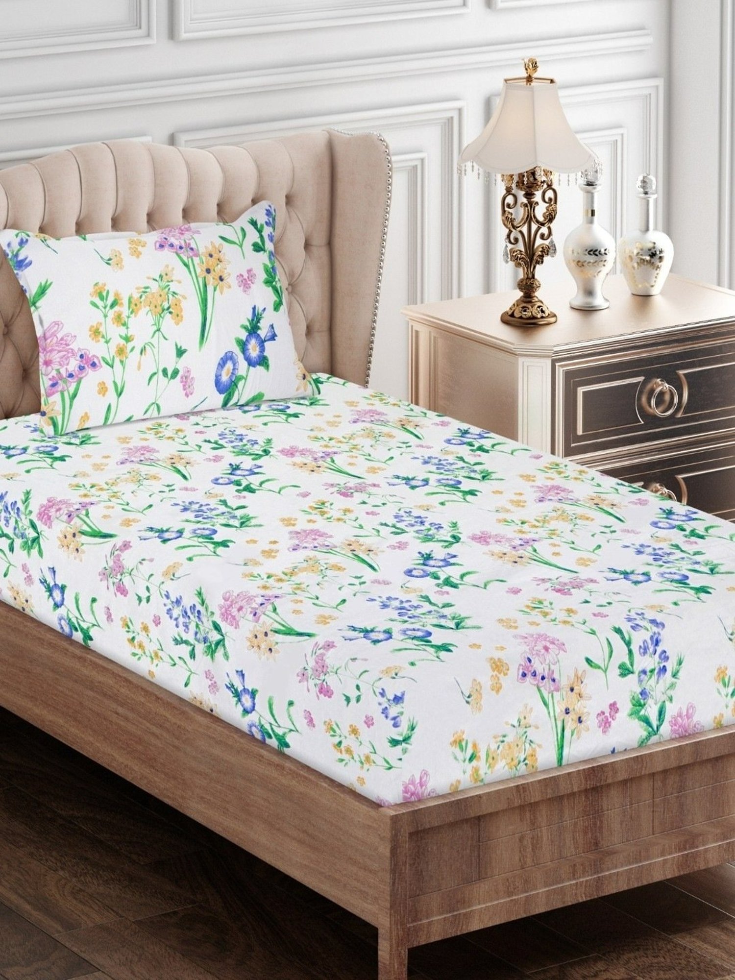 SEJ by Nisha Gupta Floral Purple 160 TC Cotton Single Bed Sheet with 1 Pillow Cover