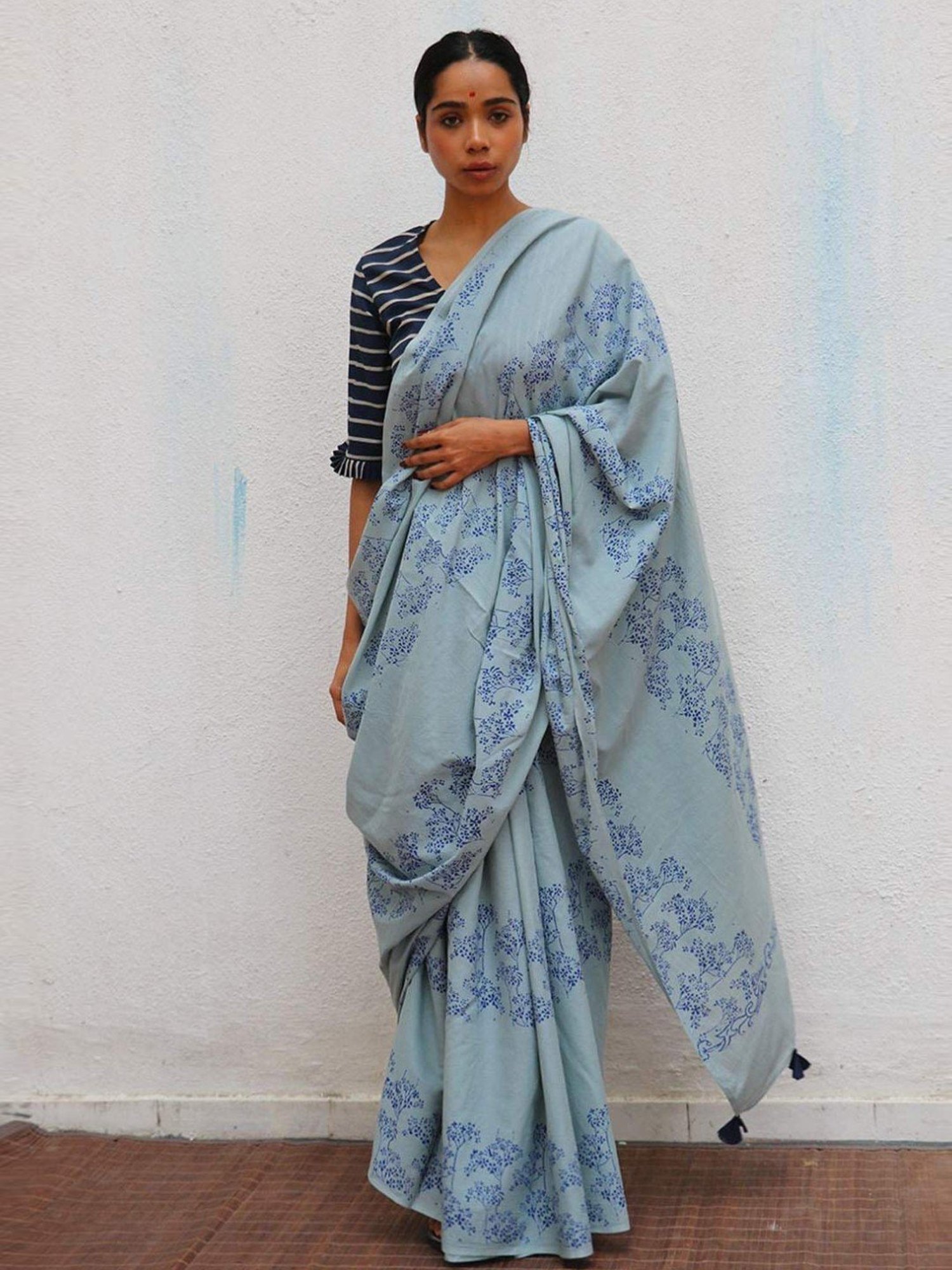 Chidiyaa Blue Paakhi Almond Blossoms Handblock Printed Cotton Sarees