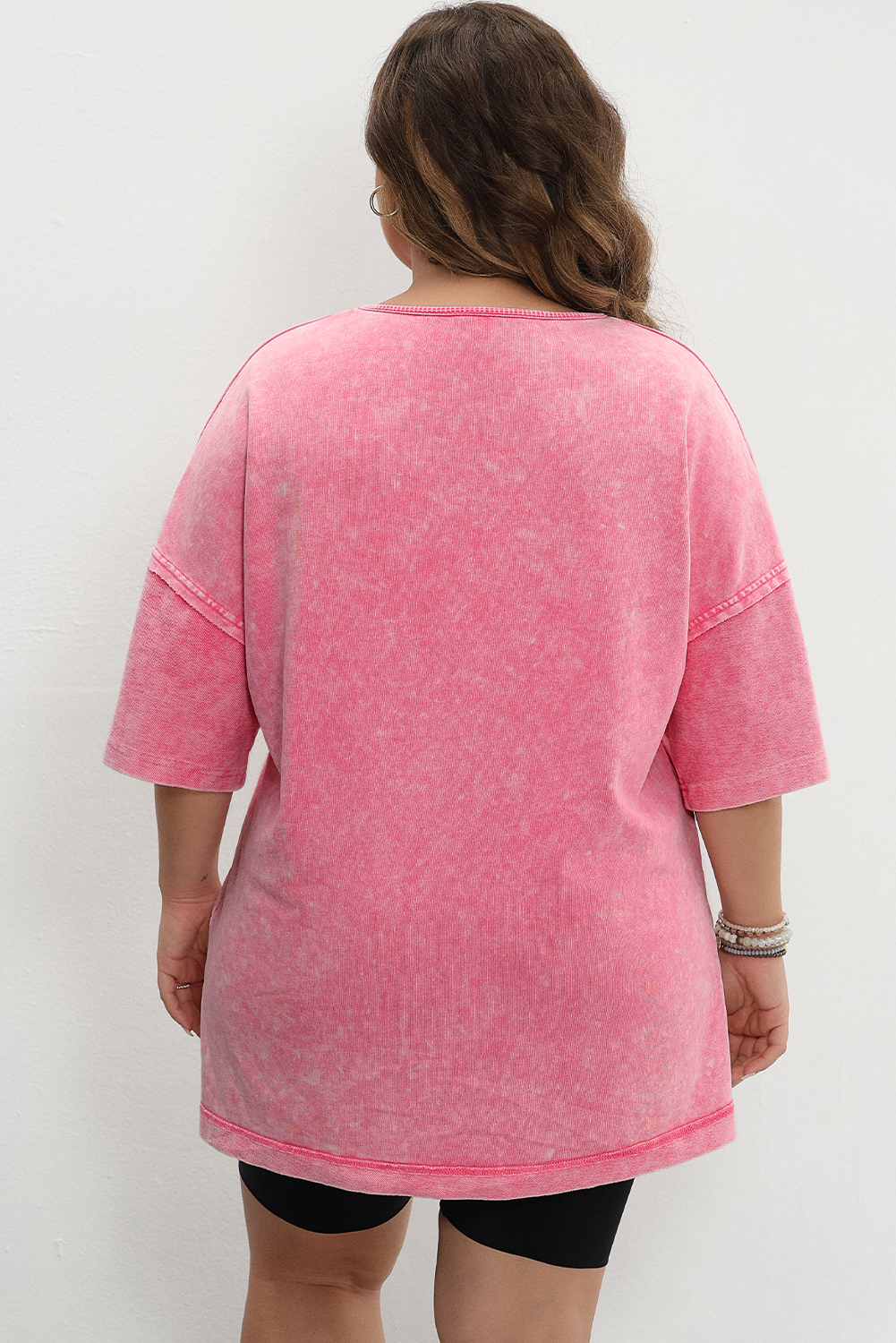 Strawberry Pink Mineral Wash Drop Sleeve Patchwork Plus Size Tee