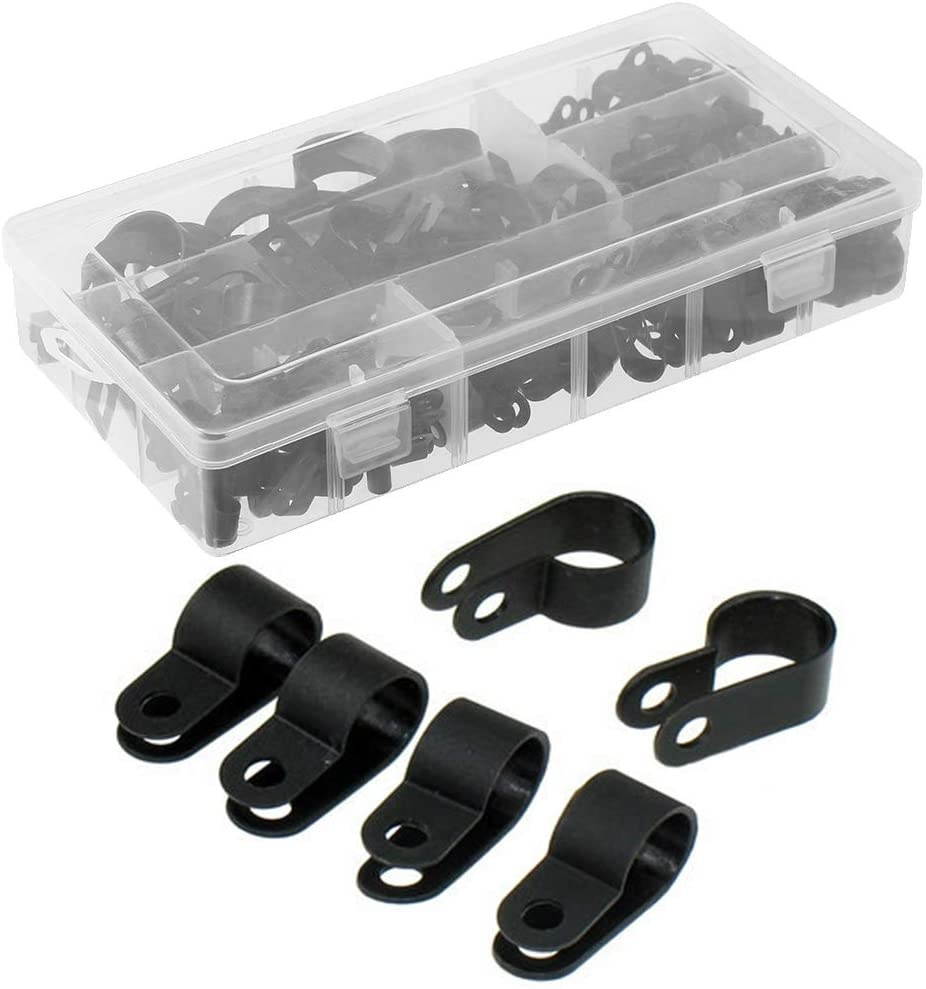Cable Clamp 200 Pcs Black Nylon Plastic R-Type Cable Clamps 3/16" 1/4" 3/8" 1/2" 3/4" 1" Clips Fasteners Assortment for Cable Conduit