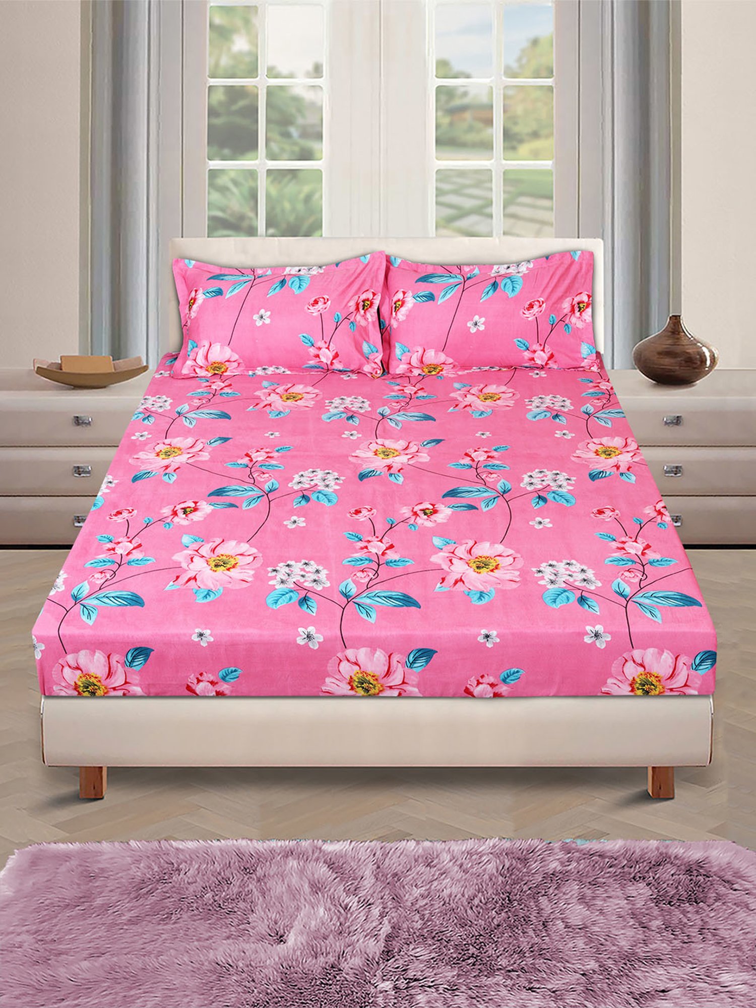 Romee Pink Microfibre Floral Bed Sheets