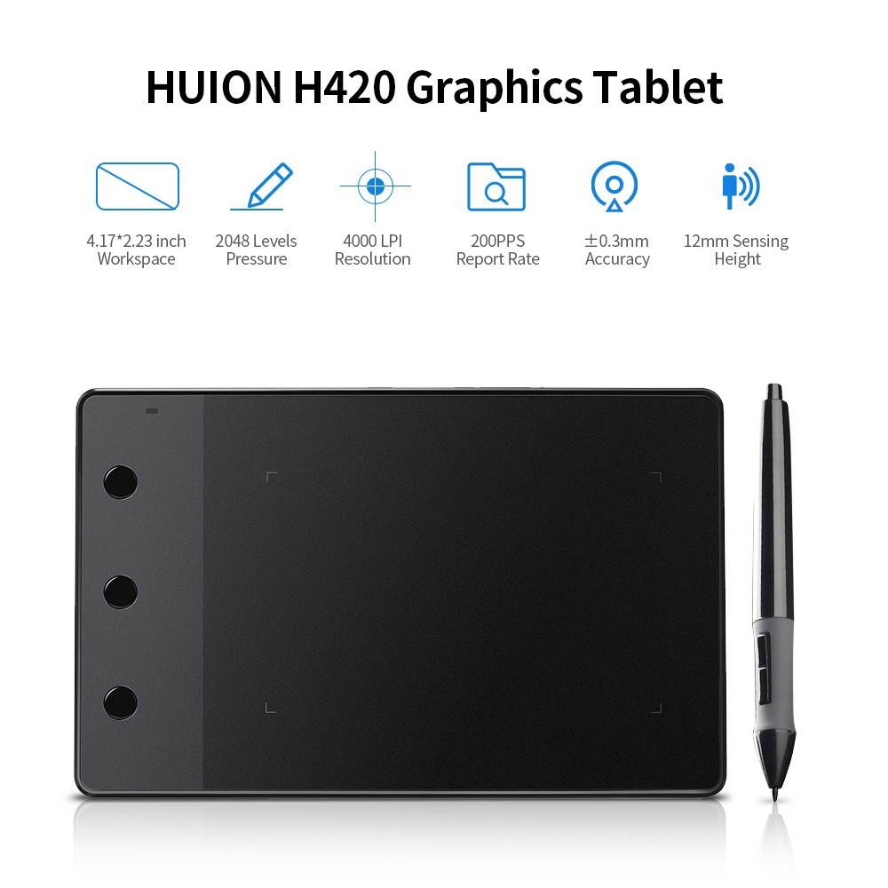 H420 Professional Graphics Drawing Tablet with 3 Shortcut Keys 2048 Levels Pressure Sensitivity 4000LPI Pen Resolution