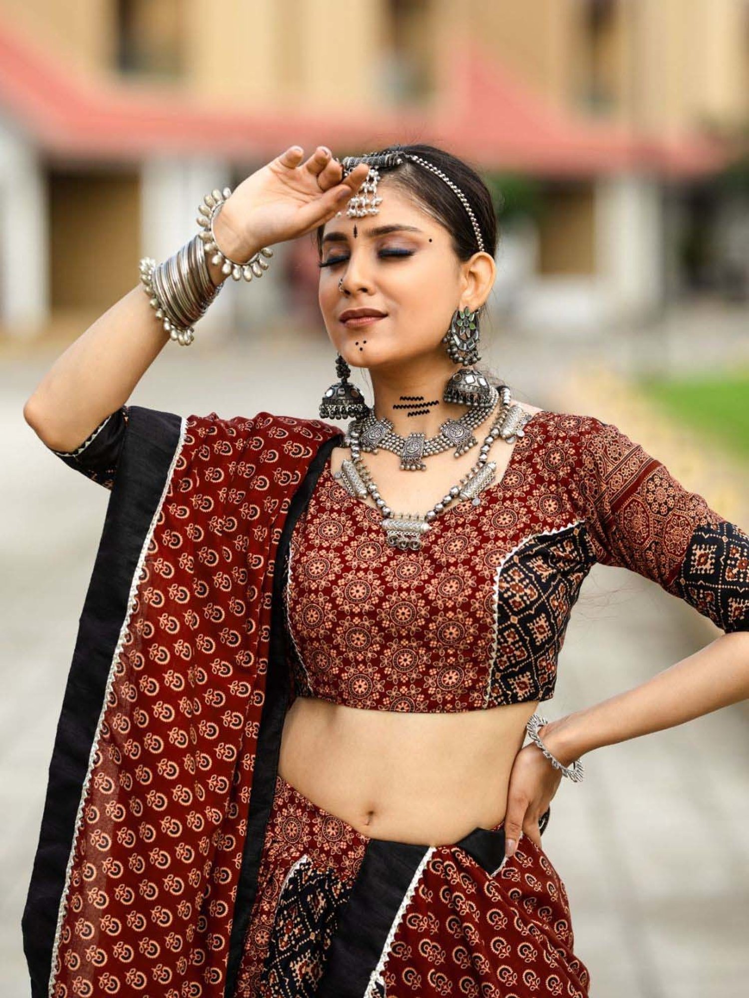 Odette Black & Maroon Cotton Printed Lehenga Choli Set With Dupatta