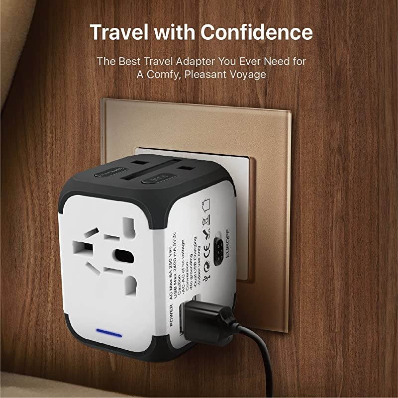 International Universal Power Adapter Converter with 2 USB Charging Ports All in One Travel Worldwide Plug Builtin Spare Fuse AC Socket Wall Outlet for US EU UK AU CN 150 Countries White