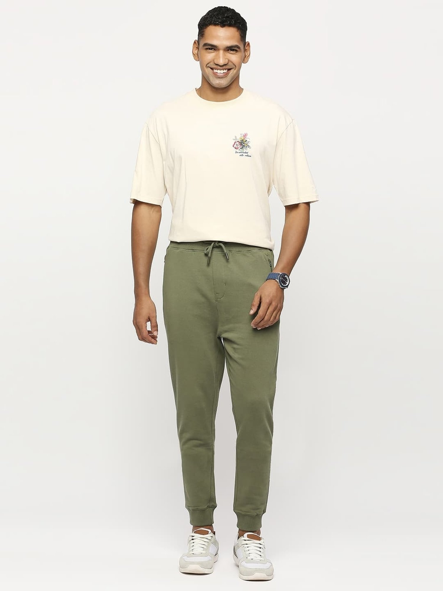 Basics Green Cotton Jogger Fit Texture Joggers