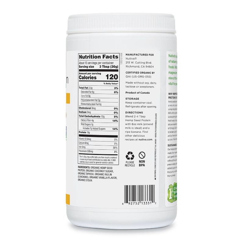Nutiva Organic Vegan Hemp Protein Powder - Vanilla - 16oz