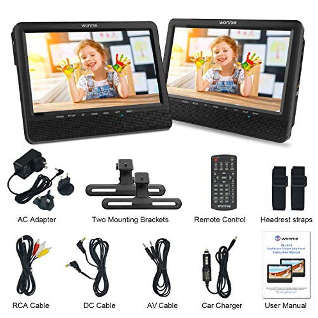 WONNIE 10'' Dual Car DVD Player Portable Headrest CD Players for Kids with 2 Mounting Brackets Built-in 5 Hours Rechargeable Battery Great for Family Travel ( 1 Player+1 Monitor )