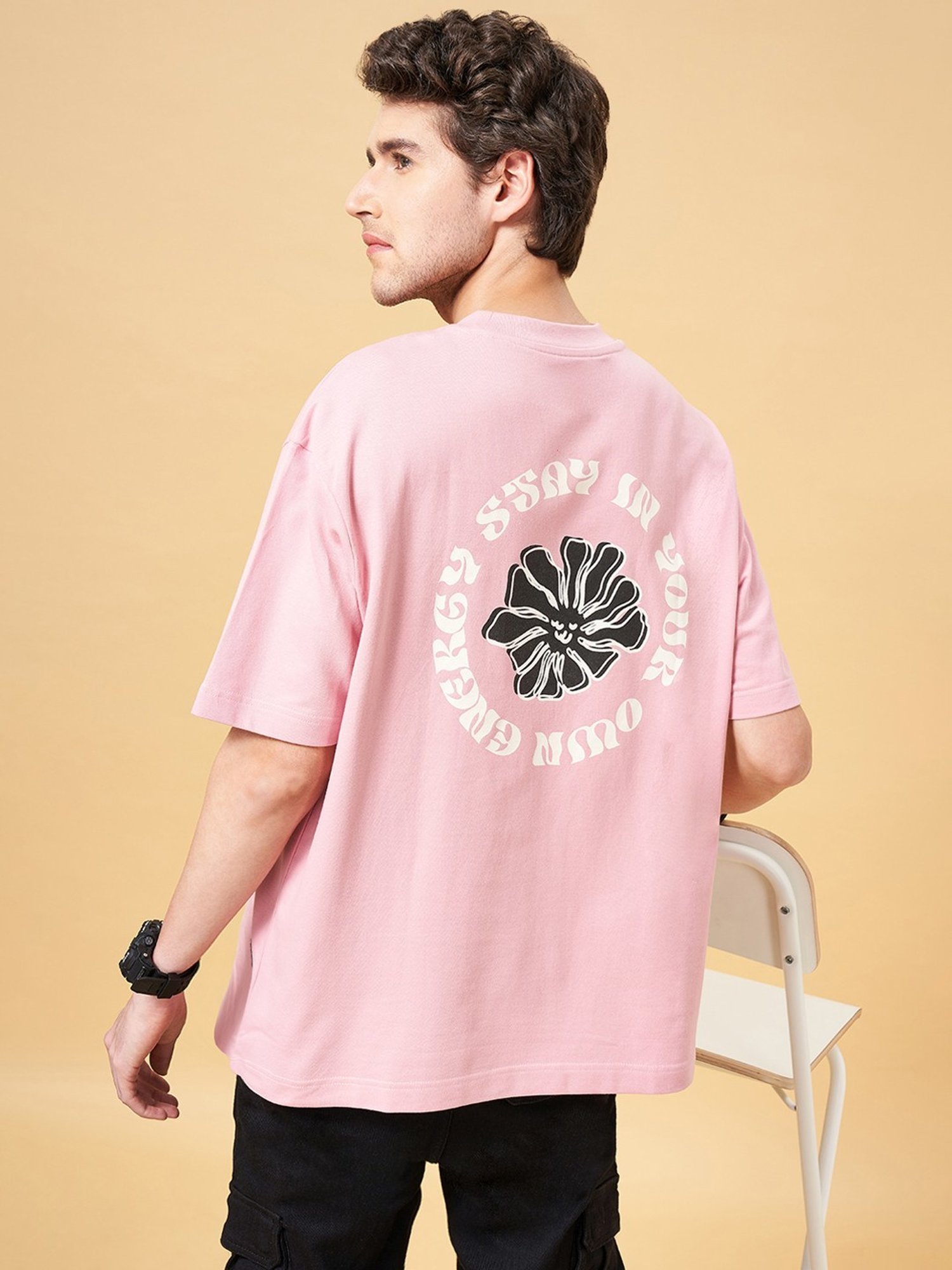 People by Pantaloons Pink Lavender Cotton Boxy Fit Printed T-Shirt