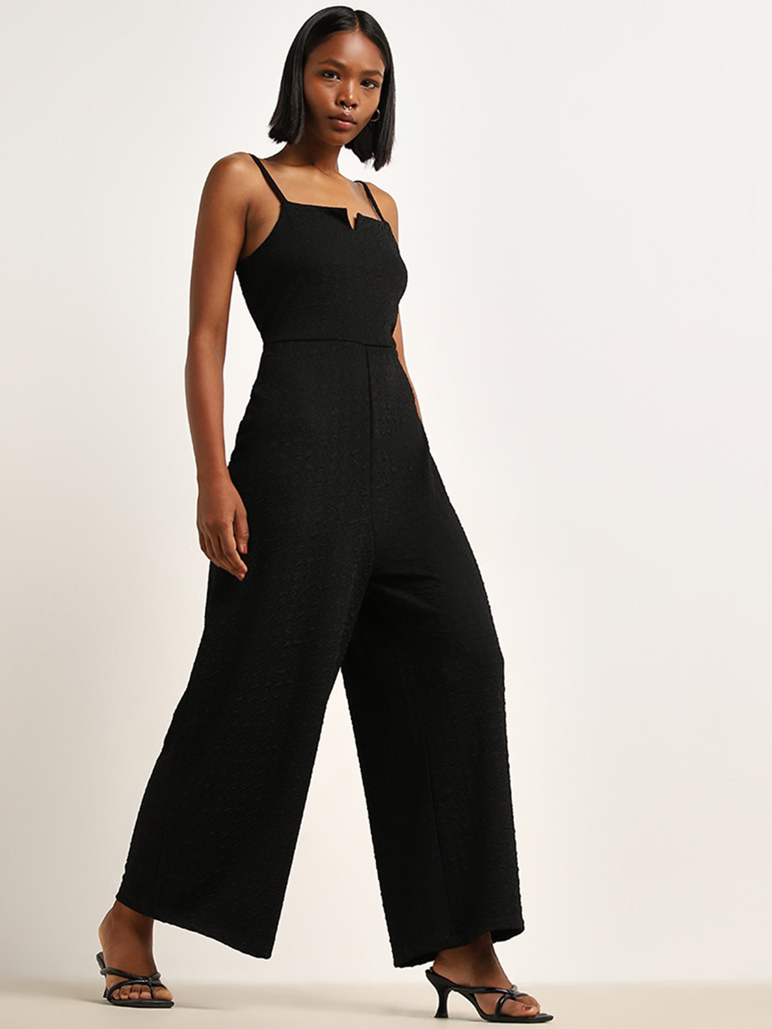 Nuon by Westside Black Textured Cut-Out Jumpsuit