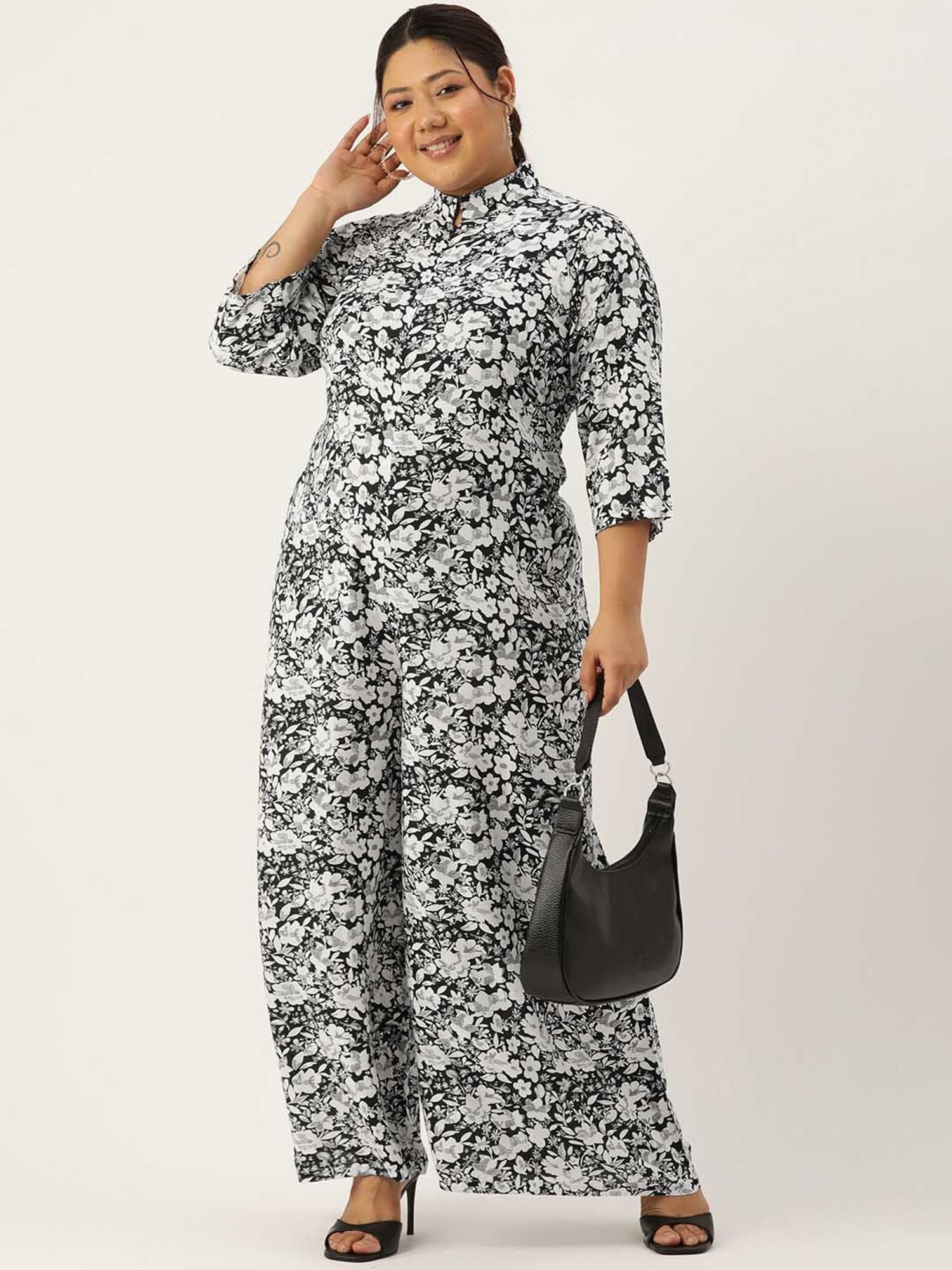 theRebelinme Black & White Floral Print Plus Size Jumpsuit
