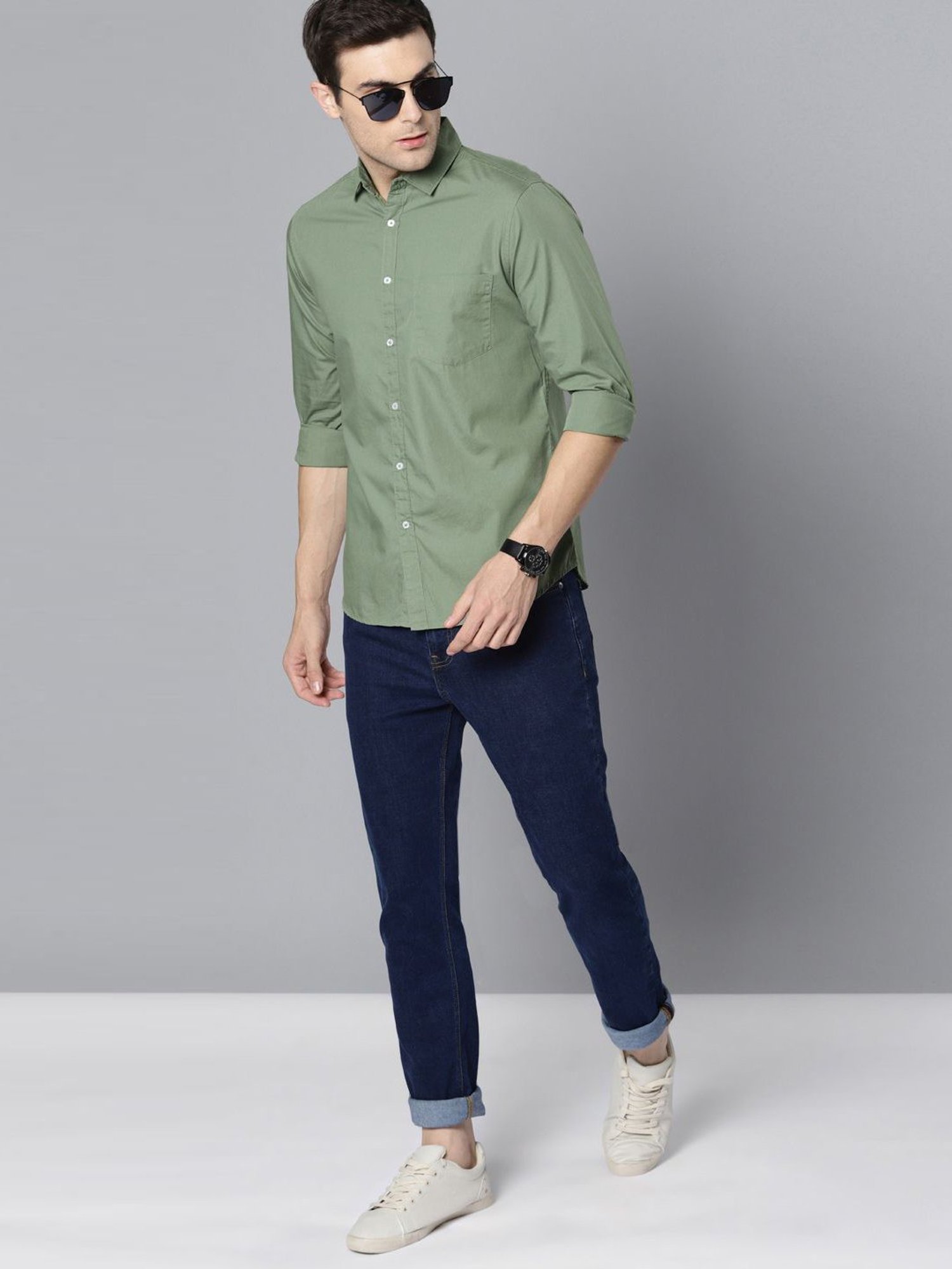 Dennis Lingo Green Cotton Slim Fit Shirt