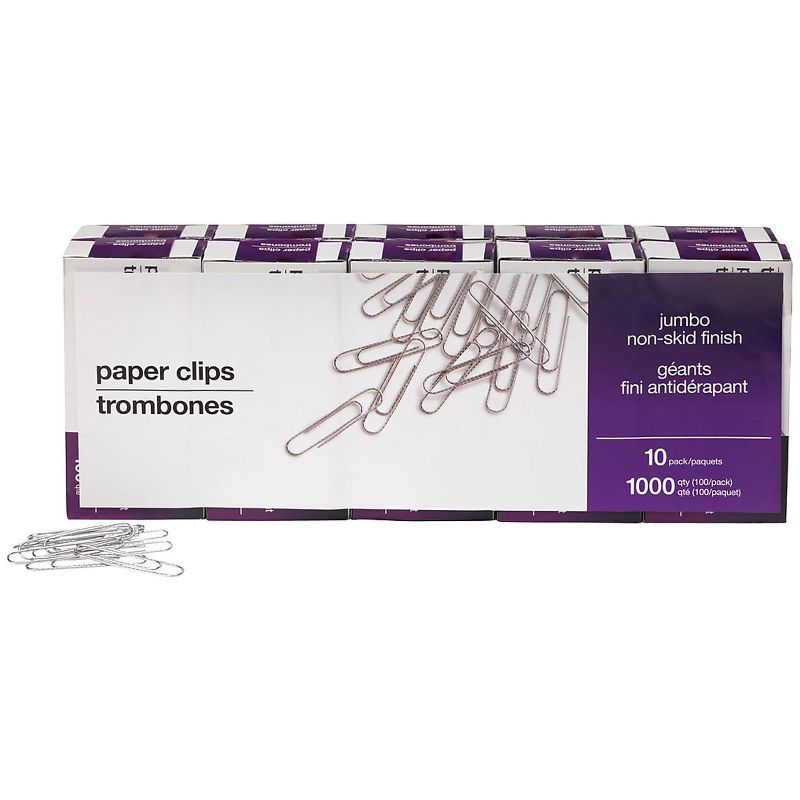 MyOfficeInnovations Jumbo Paper Clips, Nonskid, 10/Pack with 100/box 