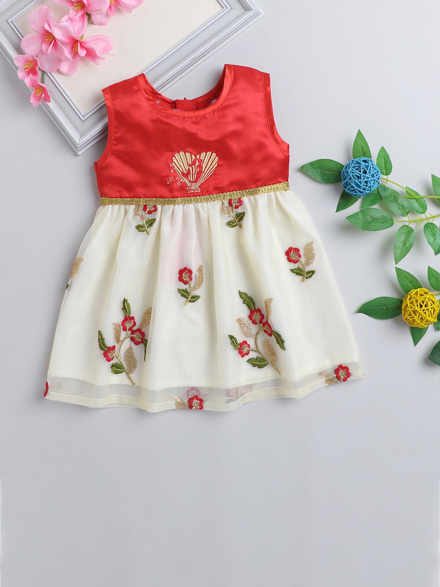 Many Frocks Kids Red & Cream Embroidered Dress