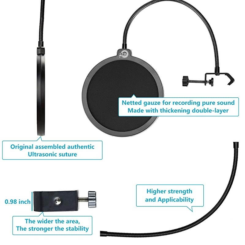 Upgraded Microphone Pop Filter Mask Shield for Blue Yeti and Other Mic 6 Inch Dual Layered Pop Wind Screen with Enhanced Flexible 360&deg;Gooseneck Clip Stabilization Arm