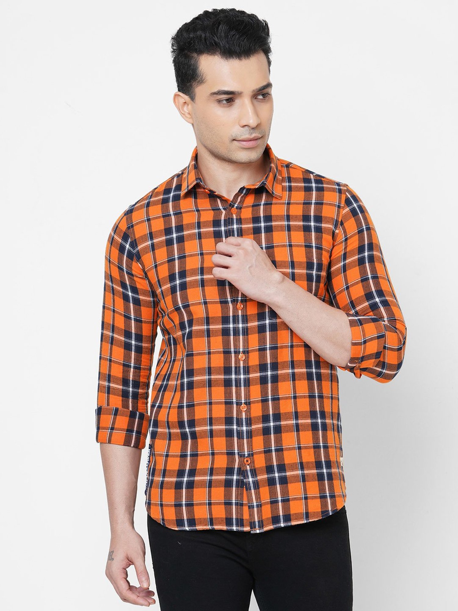 SOLEMIO Blue & Orange Slim Fit Check Cotton Shirt