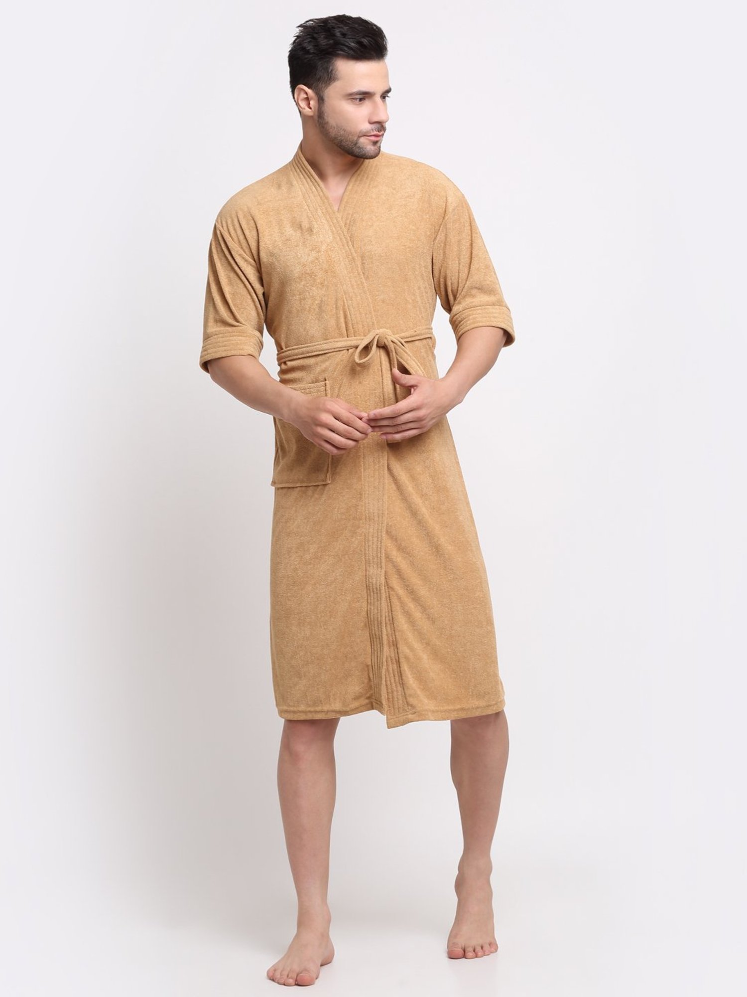 Creeva Everyday Camel 225 GSM Micro Terry Bathrobe with Front Pocket & Kimono Collar
