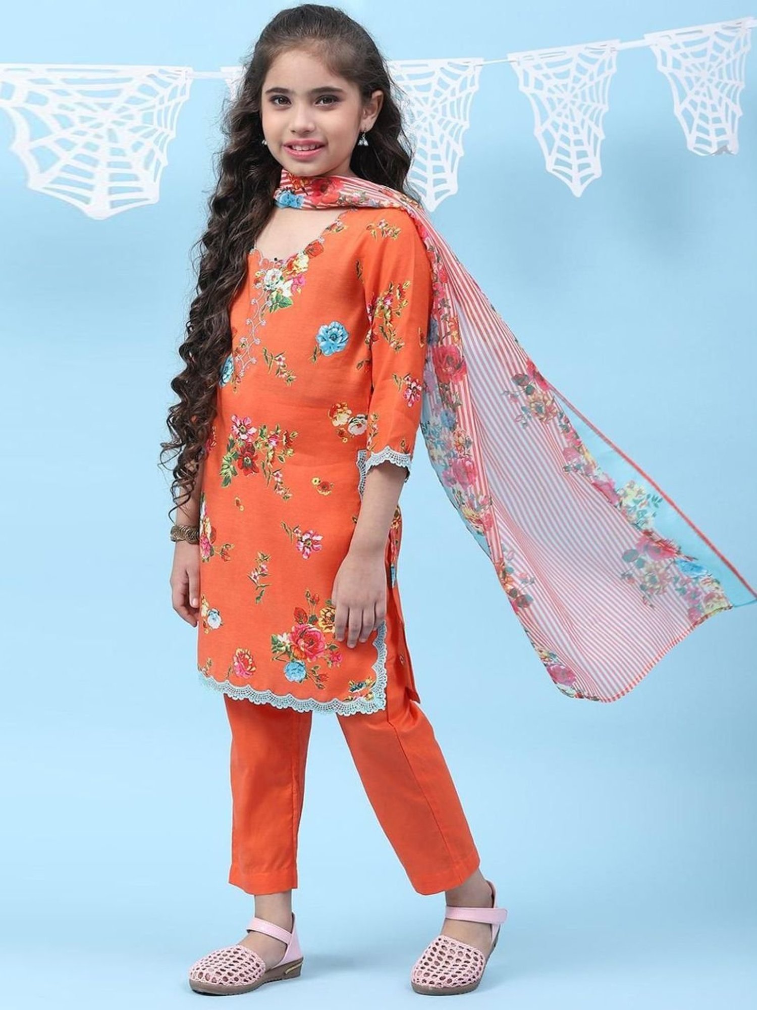 Biba Kids Orange & Sky Blue Floral Print Kurta Set