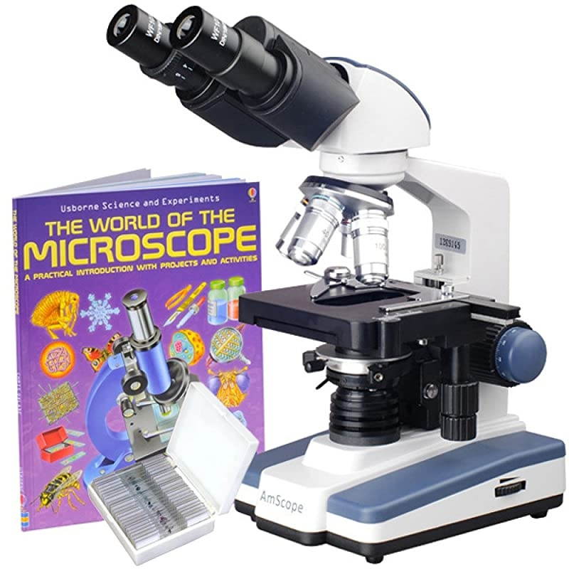 LED Lab Binocular Compound Microscope + Book + 25 Prepared Slides