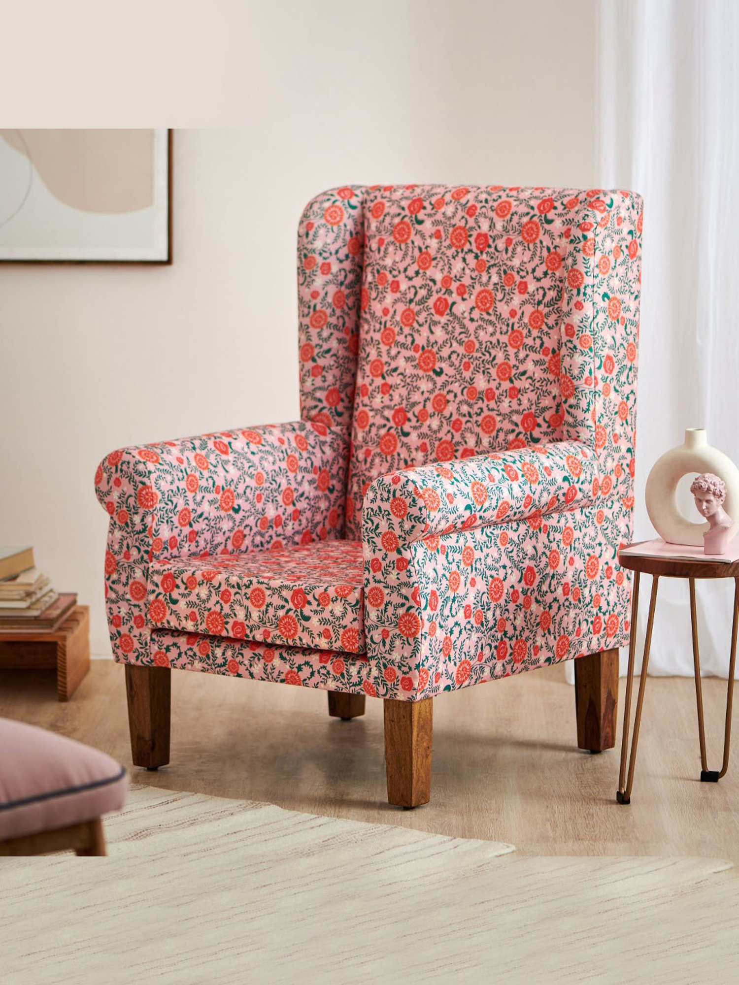 Chumbak Earthy Floral Red Sheesham Wood Begum Wing Chair