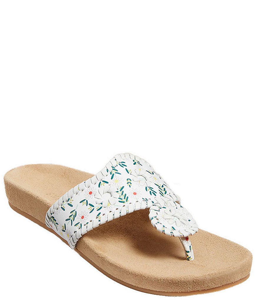 Jack Rogers Jacks Comfort White Daisy Leather Whipstitch Detail Thong Sandals