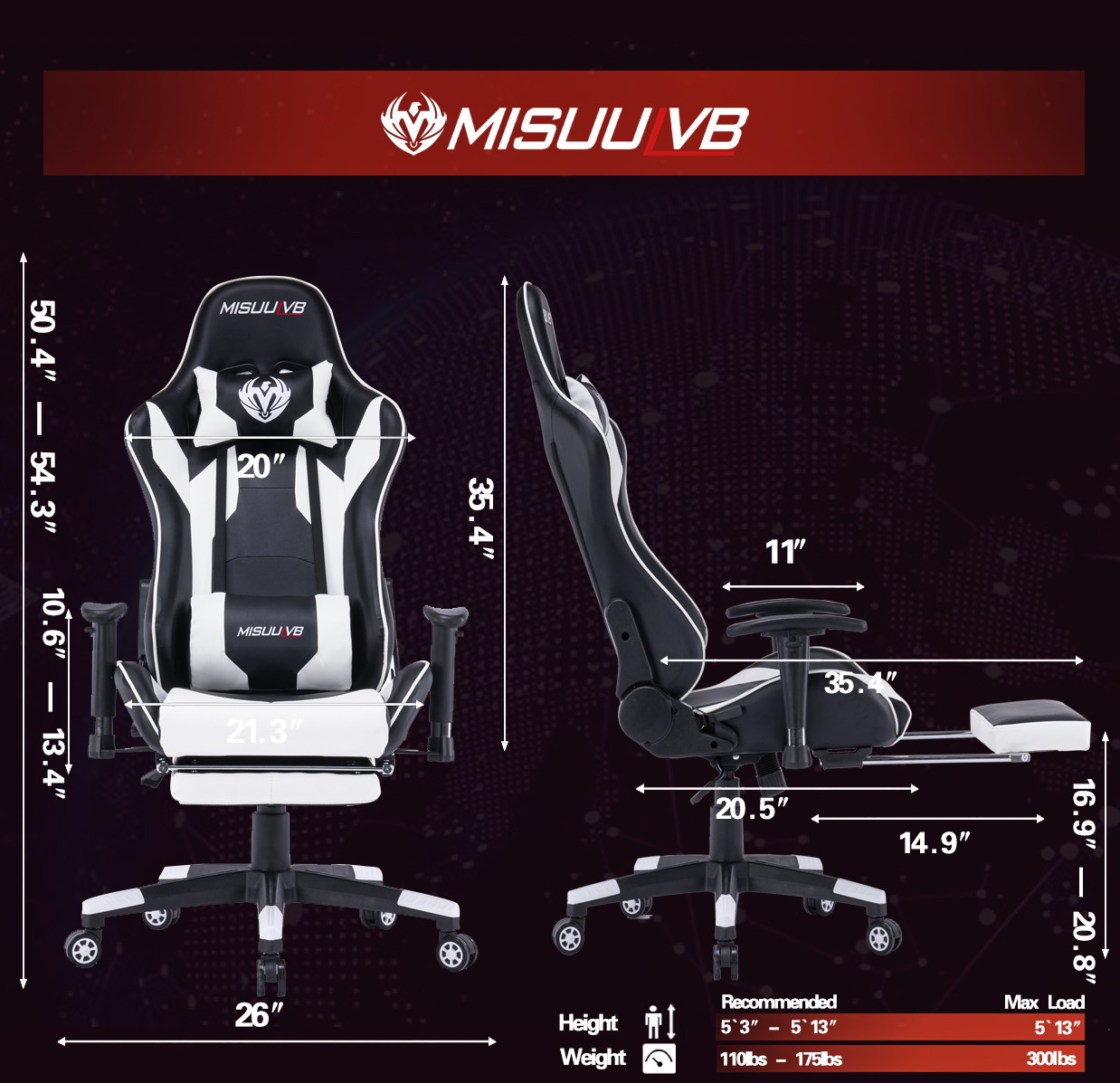 Gaming Chair, Racing Style Computer Desk Chair Padded Armrests Ergonomic Lumbar Support Adjustable Height