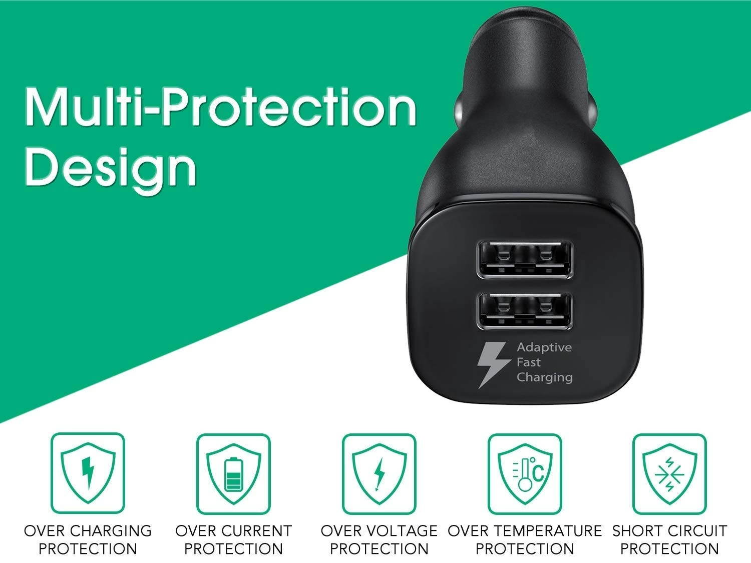 Cellvare Dual Port Fast Car charger for Samsung Galaxy S9, S8, S7, S6 & Note 8 With Type C and Micro USB Cable - Black