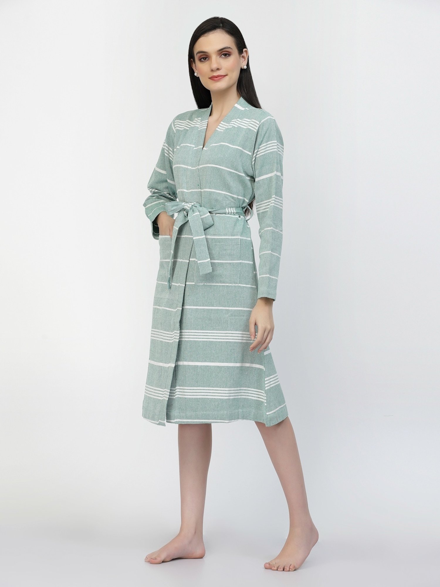 Klotthe Stripes Green 210 GSM Cotton Bath Robe with Belt