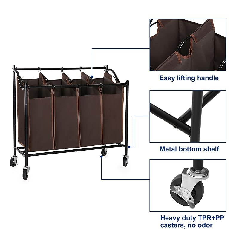 Rolling Laundry Cart Sorter Basket Hamper, with 4 Removable Bags, Casters and Brakes, Brown