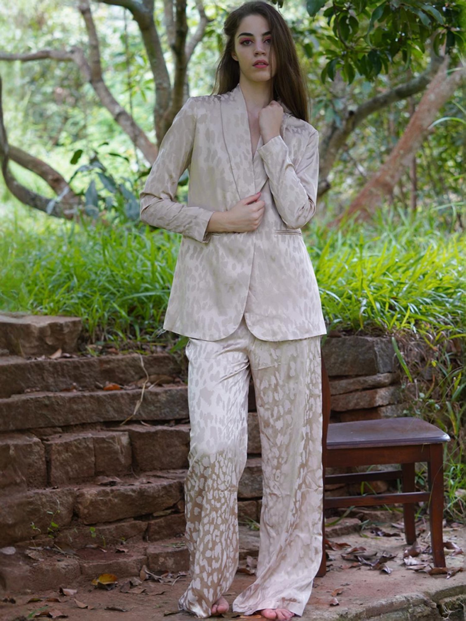 Odette Beige Printed Coat Pant Set