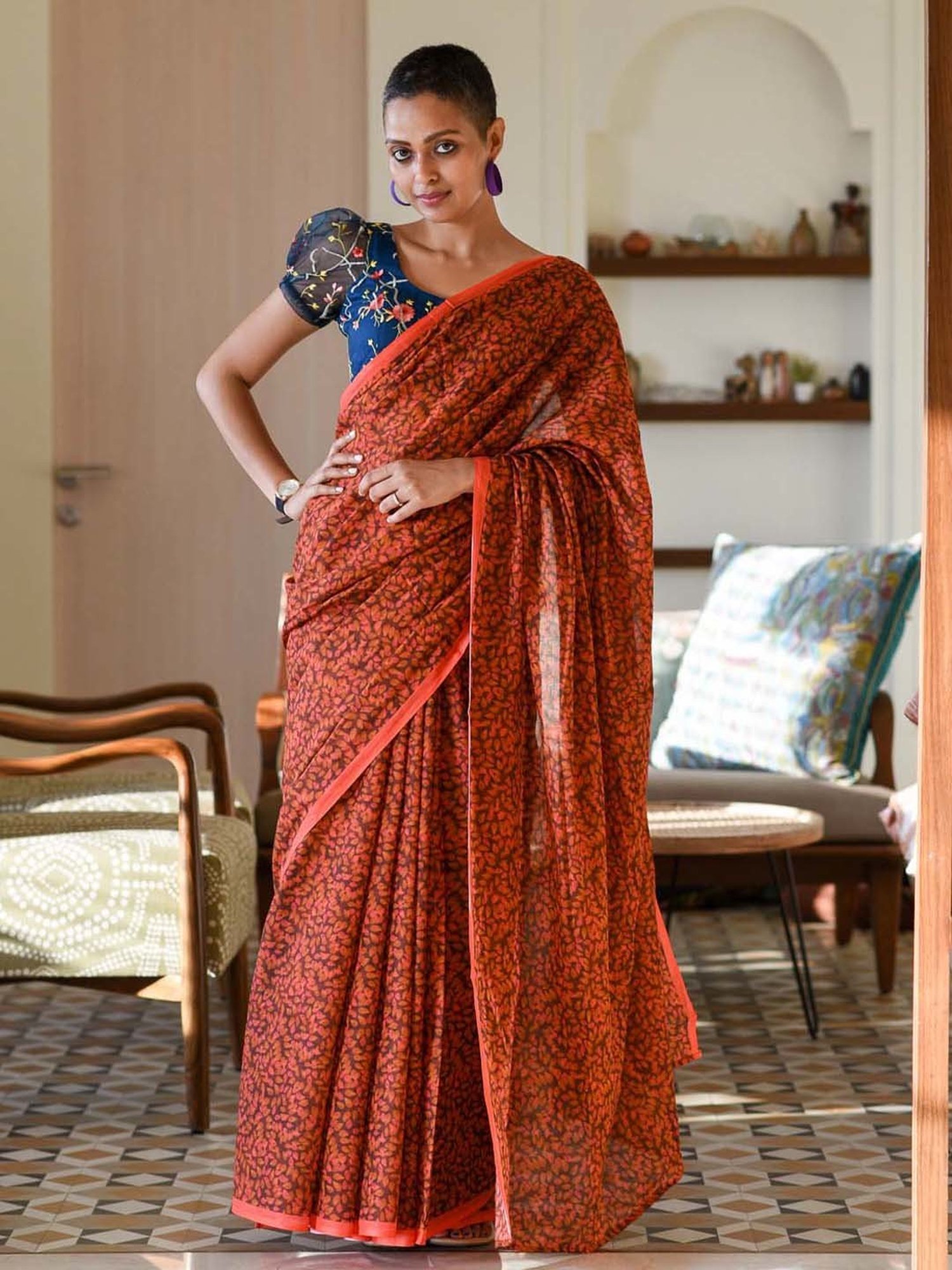 Suta Orange Pure Cotton Printed Saree