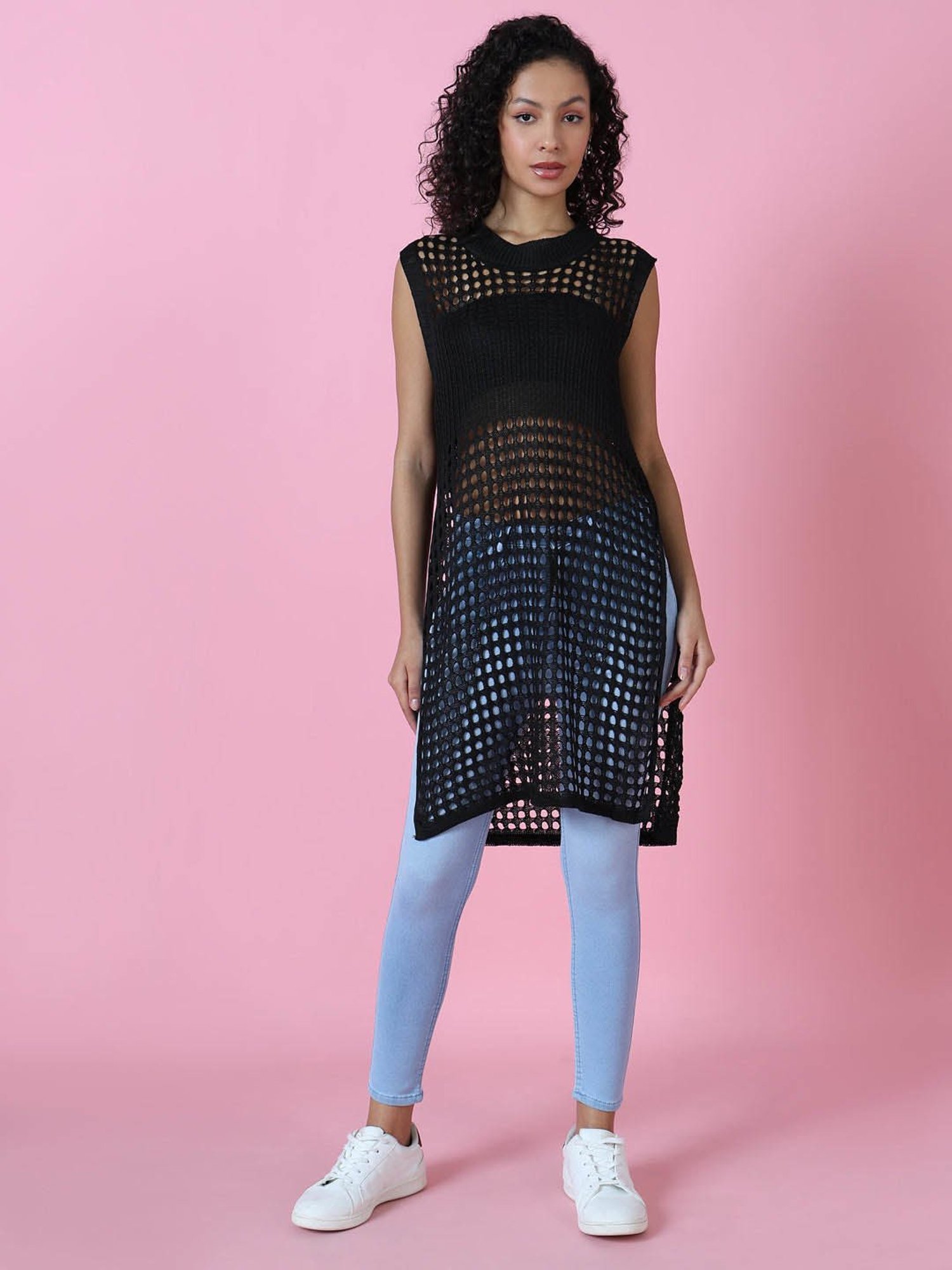 SHOWOFF Black Self Design Longline Top