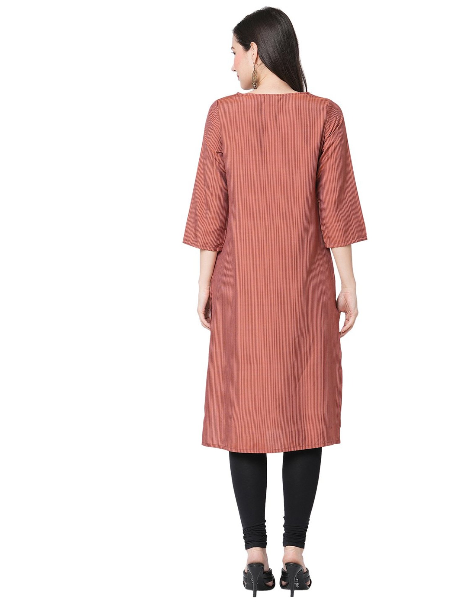 Fusion Beats Brick Red A Line Striped Kurta