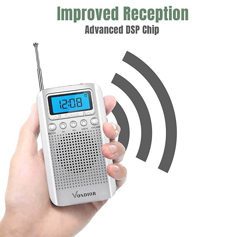Digital AM FM Portable Pocket Radio with Alarm Clock- Best Reception and Longest Lasting. AM FM Compact Radio Player Operated by 2 AAA Battery, Stereo Headphone Socket (Silver), by