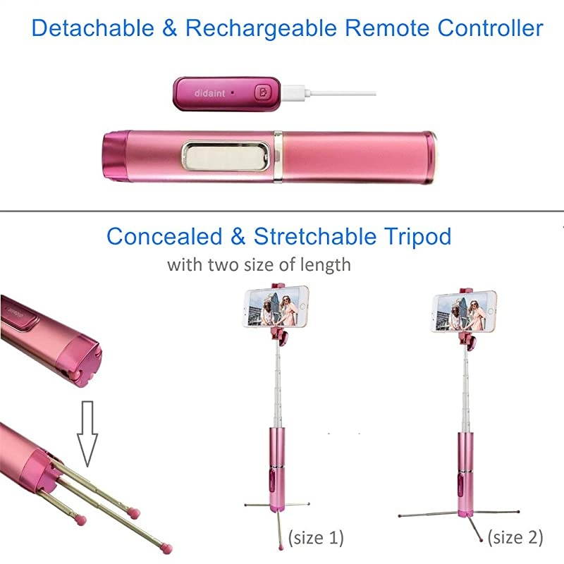 Selfie Stick Tripod Bluetooth,  Mini Extendable Aluminum Selfie Stick with Wireless Remote and Tripod Stand 360 Rotation for iPhone 11/XS/XR/X/8/7 Plus, Samsung and Android Phone (Pink)