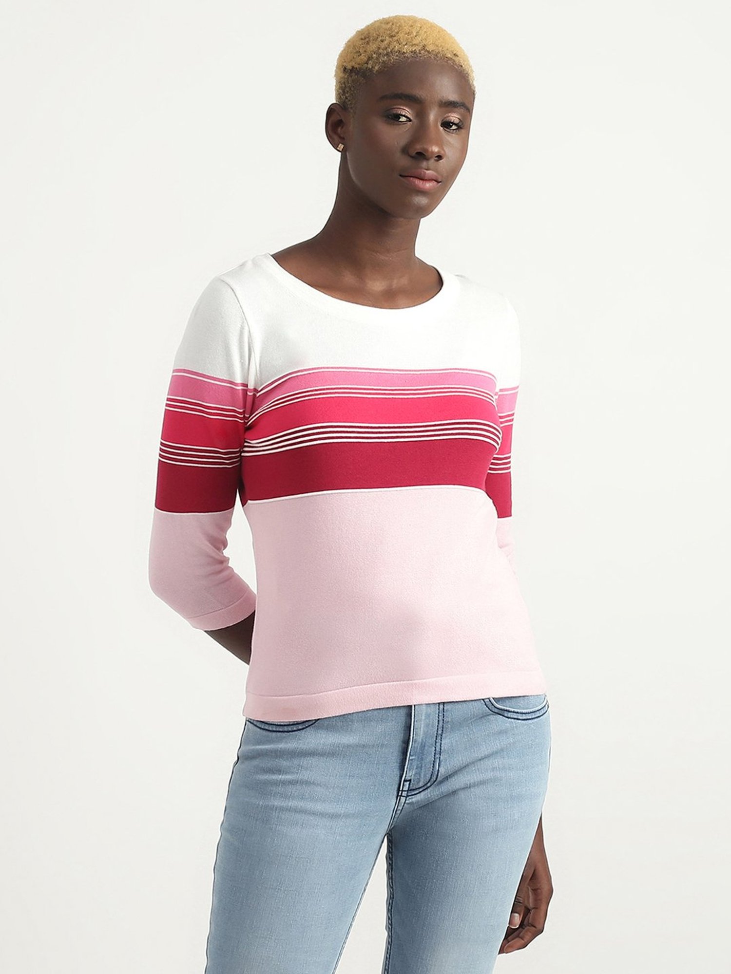 United Colors of Benetton White & Pink Cotton Striped Top